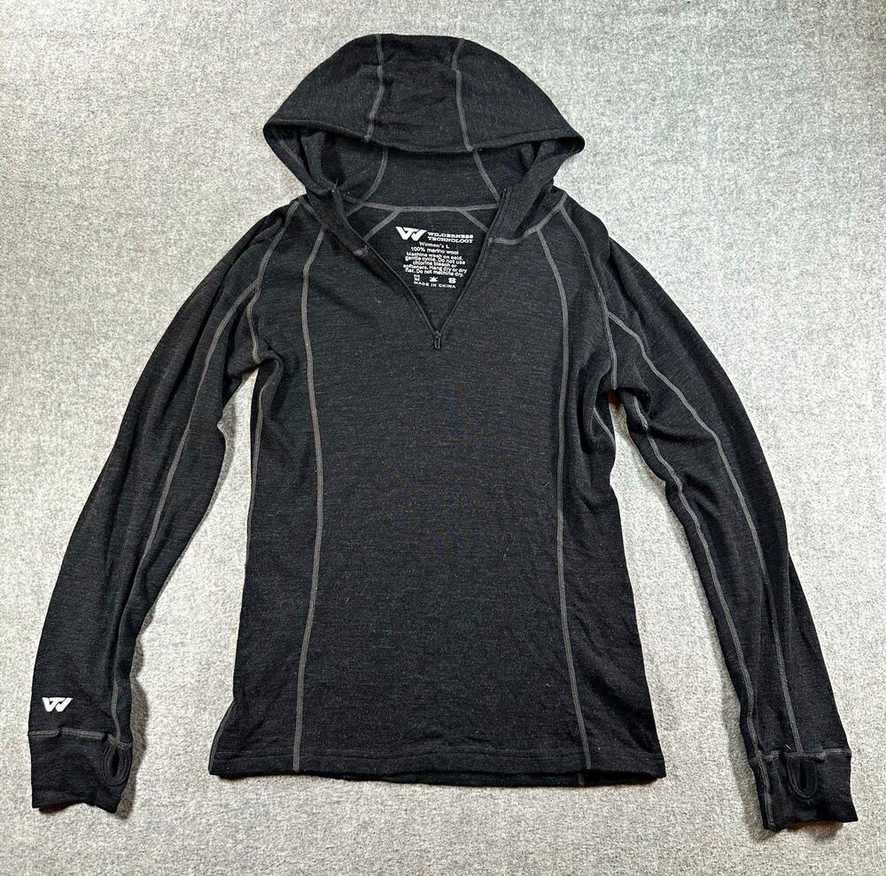 Wilderness Technology Women L 100% Merino Wool Hooded Base Layer 1/4 Zip Black